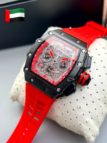 Red Sport Chronograph Watch with Skeleton Dial and Rubber Strap