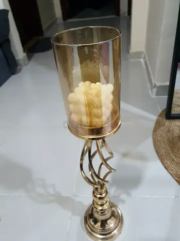 Brass Decorative Table Lamp/Candle Holder with Amber Glass Shade