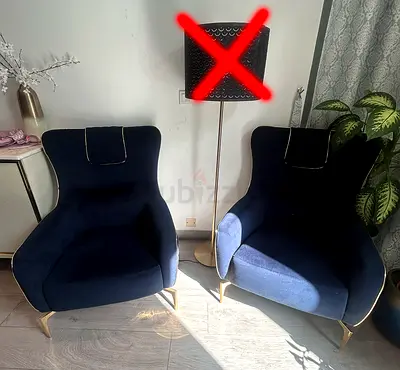Pair of navy velvet lounge chairs with gold legs - excellent condition