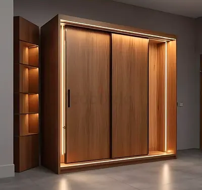 Modern Wooden Sliding Door Wardrobe with Integrated Lighting