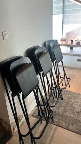 Set of 6 Black Metal Bar Stools and white high table - Used, okay Condition