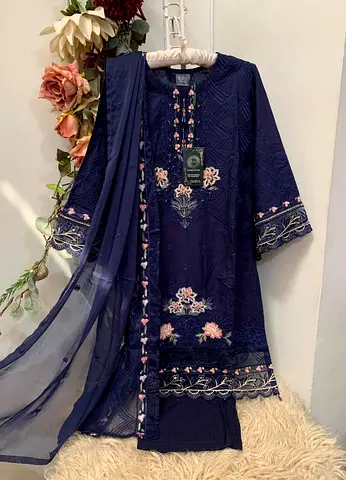 Dark Blue Embroidered Womens eid Suit with Dupatta