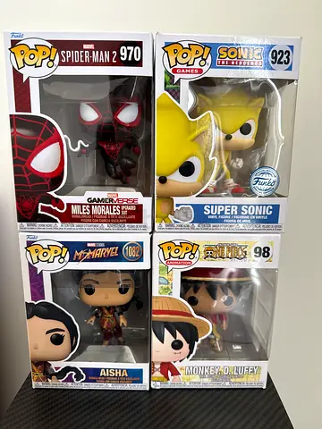 Collection of 4 Funko Pop! Vinyl Figures – Sonic, Luffy, Miles Morales, Aisha