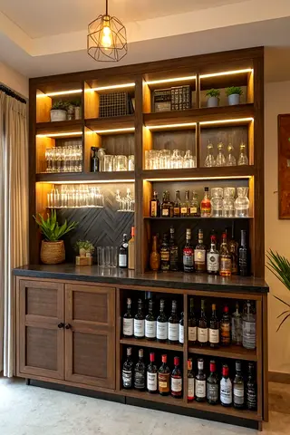 Wooden Home Bar Cabinet with LED Shelving – Holds Bottles  Glassware