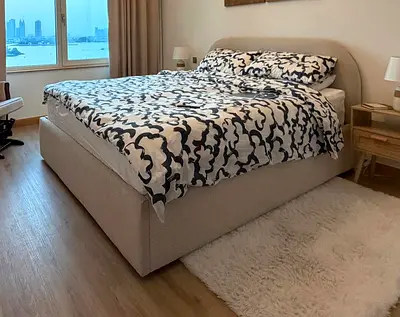 King Size Upholstered Bed Frame Boucle with Headboard — Light Beige