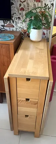 Solid Wood Drop-Leaf Kitchen Dining Table with Storage Drawers - Light Beech