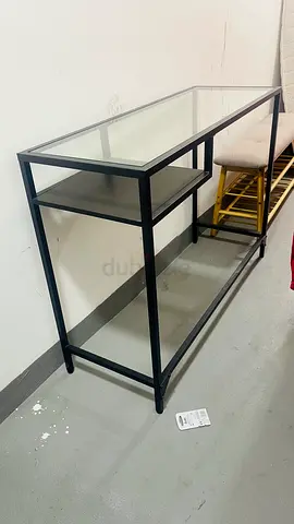 Black Metal Console Table with Glass Top and Lower Shelves