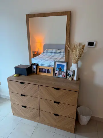 Wooden 6-Drawer Dresser with Large Mirror — Light Oak Finish