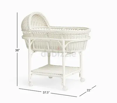 Pottery barn White Wicker Baby Bassinet with Canopy and Storage Shelf