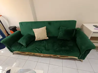 Green Velvet 3-Seater Sofa with Wooden Trim