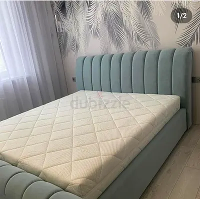 Light Blue Upholstered Double Bed with Headboard