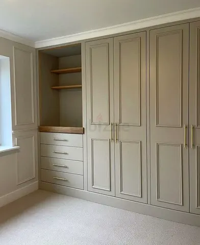 Built-in fitted wardrobes with drawers and open shelving - beige finish