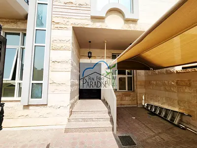 private entrance 3 bedrooms all master /corner unit with garden/living & dinning/fitted kitchen/maids room/ 5 parking space 1 covered for rent mirdif
