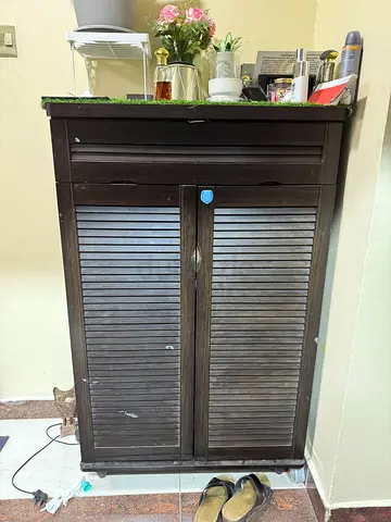 Dark Wood Tall Storage Cabinet / Wardrobe - Good Used Condition ( negotiable )