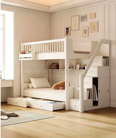 White Wooden Bunk Bed with Storage and Stairs – Good Condition