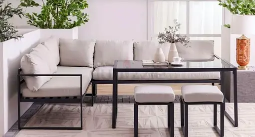 Outdoor/Indoor Metal Frame Sofa Set with Cushions, Table and Stools - Light Beige