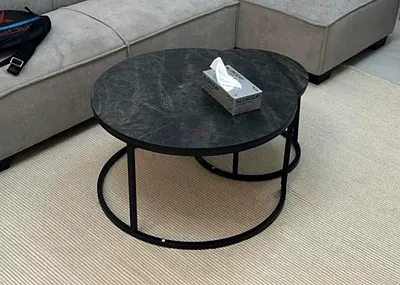 Round Black Marble-Effect Coffee Table set with Metal Frame