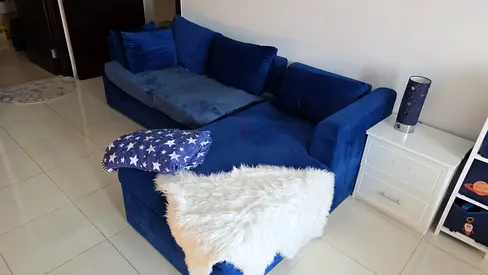 Blue Velvet L-Shaped Sofa Corner Unit - Good Condition