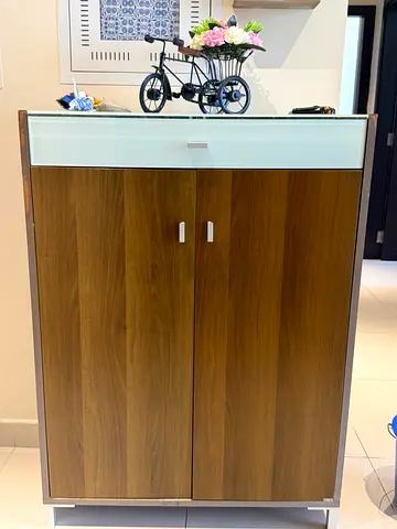 Wooden Shoe Cabinet with Glass Top Drawer - Good Condition