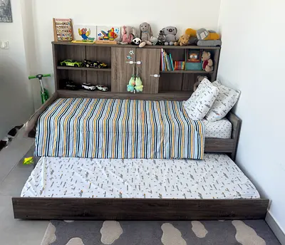 Wooden Kids Bed with Headboard Shelves and Pull-Out Trundle - Good Condition