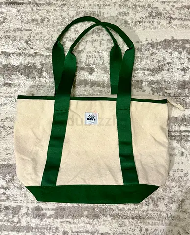 Old Navy Canvas Tote Bag — Cream with Green Straps