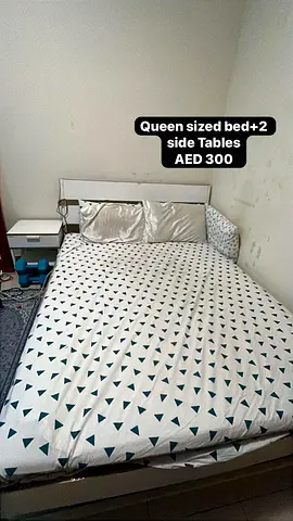Queen size bed with headboard and 2 side tables - AED 300