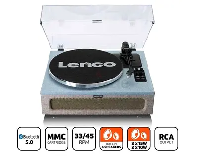 Lenco Bluetooth Turntable, Integrated Speakers 40 Watt RMS, RCA Out and AUX-in LS-440BUBG