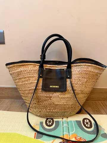 Jacquemus Woven Straw Tote with Black Leather Trim