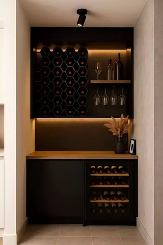 Built-in Home Wine Bar Cabinet with Glass Rack and Wine Cooler