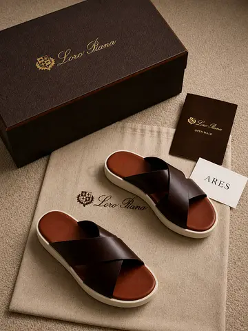 Loro Piana Mens Brown Leather Cross-Strap Sandals (Size 36 to 45)