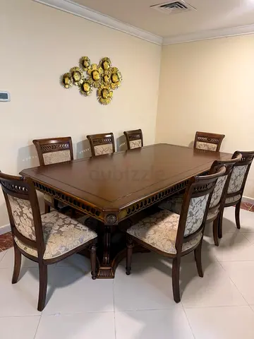 Solid Wood 8-Seater Classic Dining Table with Upholstered Chairs