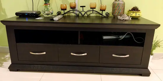 Black elegant TV table with 3 drawers  2 open shelves