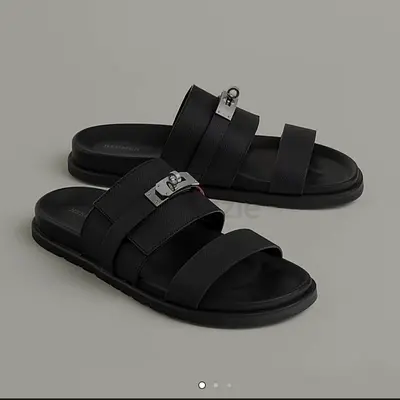 Hermes Black Mens Leather Slide Sandals - Size 40 to 47