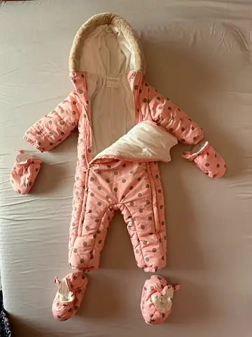 Mayoral Pink Polka Dot Baby Winter Snowsuit with Mittens  Booties - 6-12 months