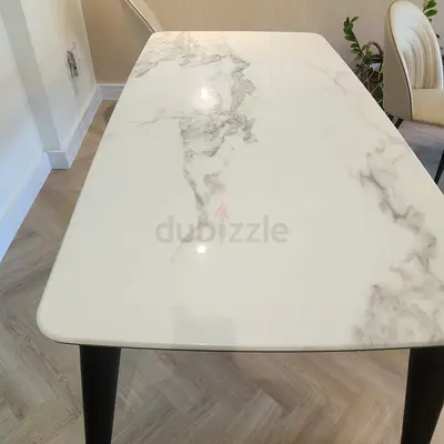 Marble-effect Dining Table with Black Legs - Good Condition chairs not included