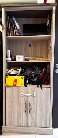 Used Wooden Storage Cabinet with Shelves and Cupboard