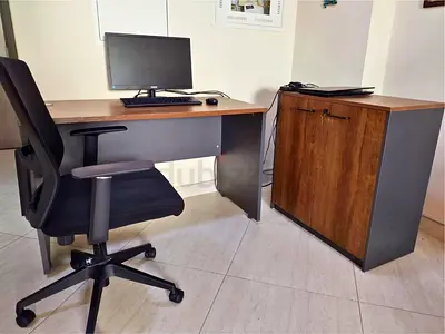 Home office setup desk, cabinet and chair
