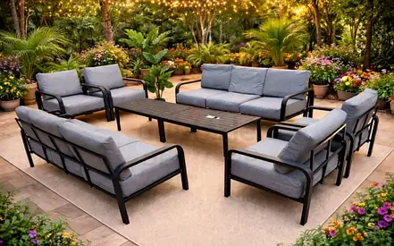 8-Piece Outdoor Patio Sofa Set with Coffee Table - Modern Metal Frame, Grey Cushions