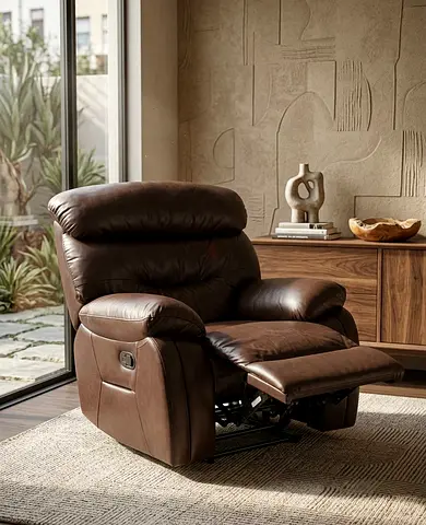 Brown Leather Recliner Armchair - /Manual Reclining Comfort