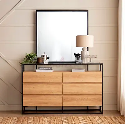Oak Effect 6-Drawer Dresser with Black Metal Frame