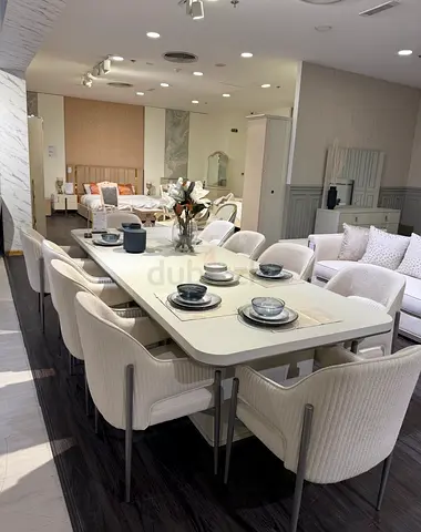 Modern Extendable Dining Table with 10 Upholstered Chairs - White/Beige