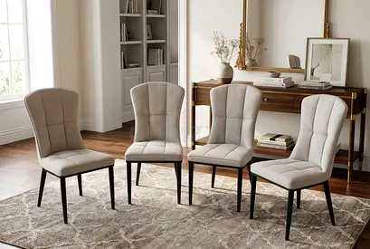 Set of 4 Beige Upholstered Dining Chairs with Dark Legs