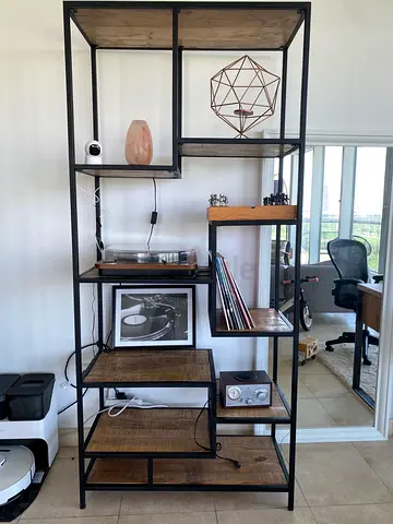 Wood and metal bookshelves