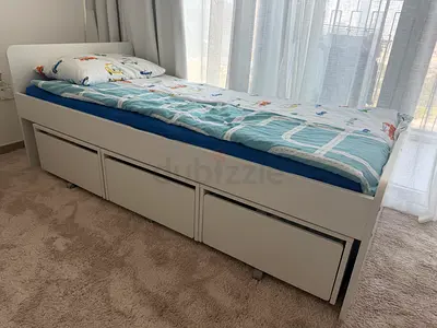 IKEA SLÄKT Bed Frame with 3 Storage Boxes – White (90x200 cm)