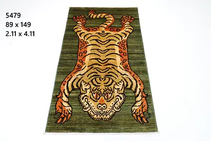 3*5ft 89 x 149cm afgghan wool hand knotted Green Rug with Stylized Tiger Motif -Door mat rug
