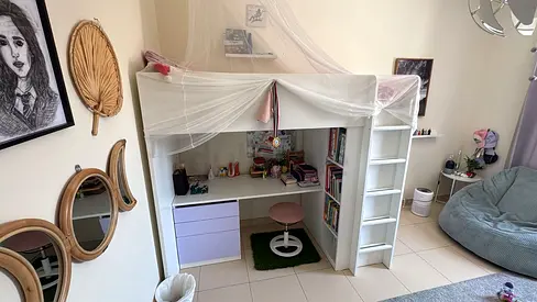 Ikea White loft bed with built-in desk and shelves - childs/teen room
