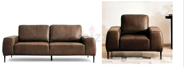 Brown Leather 3-Seater Sofa + Matching Armchair - Modern Minimalist Design