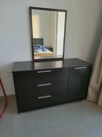 Dark Wood Dresser with Mirror - 3 Drawers + Cabinet, Good Condition
