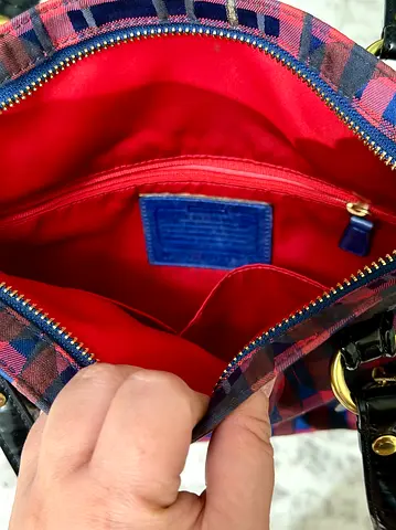 Coach - Plaid womens handbag with red interior — medium size