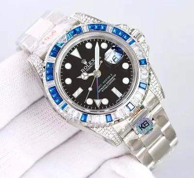 Rolex GMT-Master II style stainless steel Master Copy watch with blue sapphire and Stones bezel